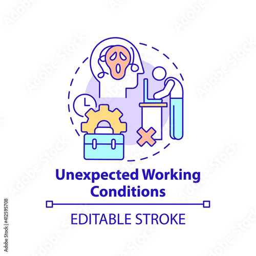 Unexpected working conditions concept icon. New worker emotional burden factor. Unfulfilled desires thin line illustration. Unrealized dream. Vector isolated outline RGB color drawing. Editable stroke