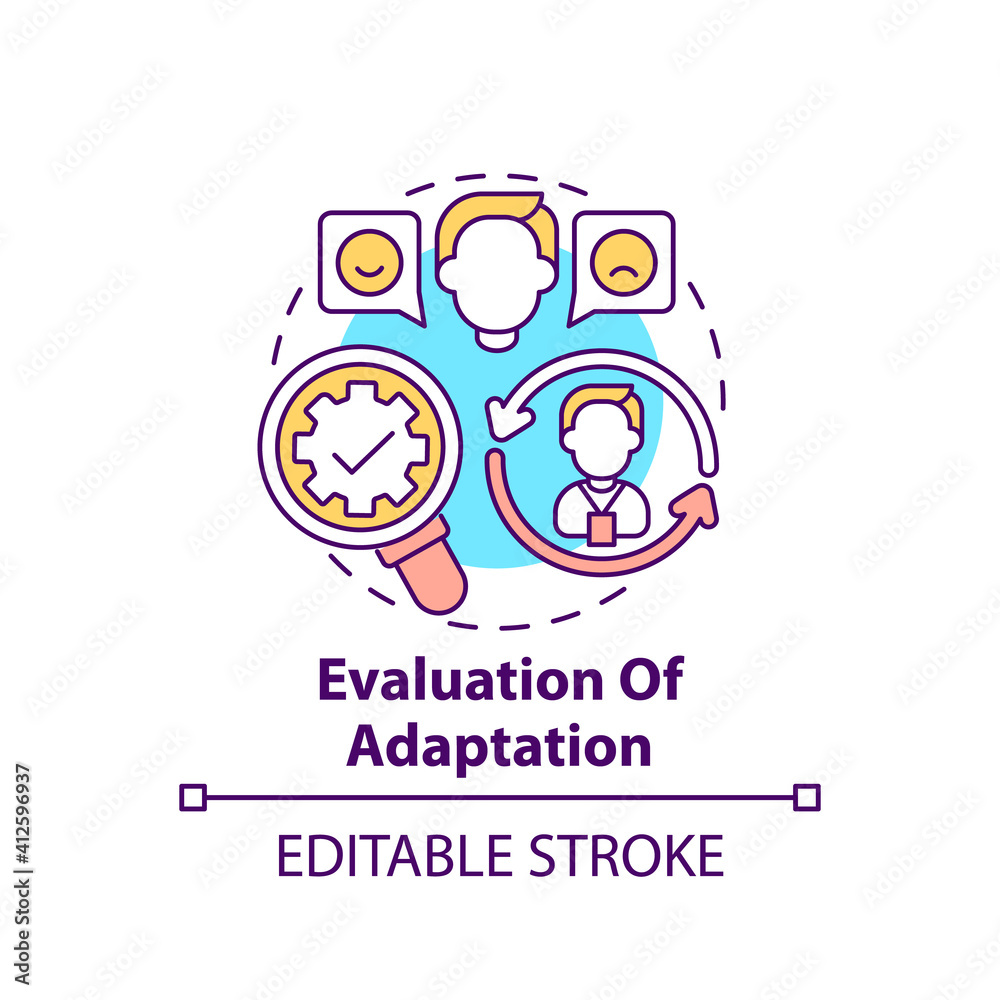 Evaluation of adaptation concept icon. Employee adaptation program elements. Checking actual outcomes thin line illustration. Vector isolated outline RGB color drawing. Editable stroke Evaluation of adaptation concept icon. Employee adaptation program elements. Checking actual outcomes thin line illustration. Vector isolated outline RGB color drawing. Editable stroke