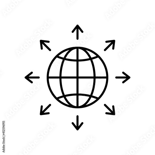 World expansion black icon. Globe line symbol with arrows. Vector isolated on white