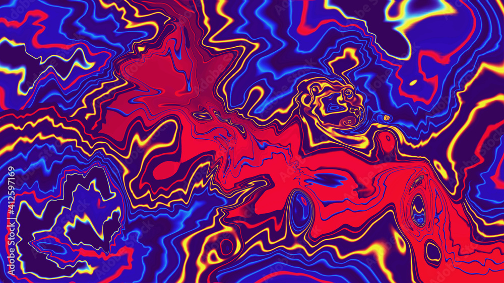 Fluid abstract background. Bright liquid texture in blue, red and yellow colors.