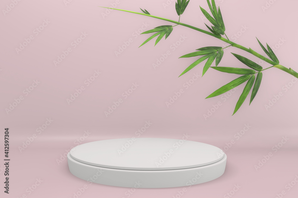 Tropical pink design Podium minimal geometric and bamboo japanese decoration .3D rendering