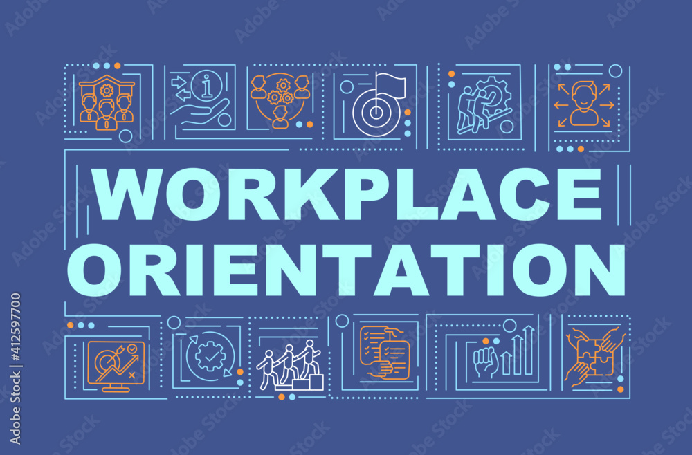 Workplace orientation navy word concepts banner. Help new employee. New job adaptation. Infographics with linear icons on blue background. Isolated typography. Vector outline RGB color illustration Workplace orientation navy word concepts banner. Help new employee. New job adaptation. Infographics with linear icons on blue background. Isolated typography. Vector outline RGB color illustration
