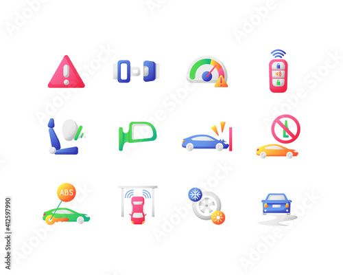 Driving safety vector flat color icon set. Traffic regulation sign. Seatbealt for security. Speed limit. Automobile system. Cartoon style clip art for mobile app pack. Isolated RGB illustration bundle