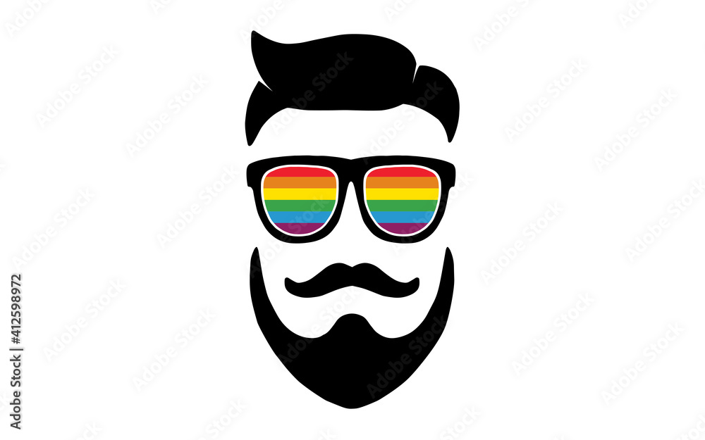 LGBTQ Man Sunglasses with rainbow lenses and mustaches and Fashion hair style. Gay Pride Concept Design for Avatar Background illustration.