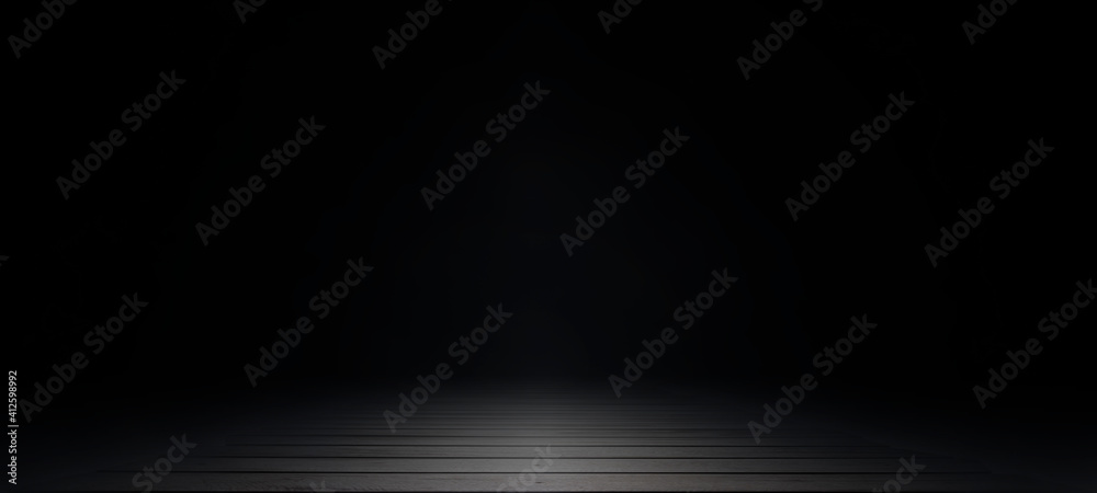 Obraz premium Empty dark abstract wooden plank floor and studio room with smoke float up interior texture for display products wall background.