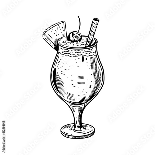 Hand drawn black color Pino colada cocktail. Vintage realistic sketch.