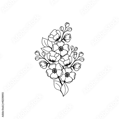 A bouquet of cherry flowers drawing by a black outline on a white background. Vector illustration for festive design.
