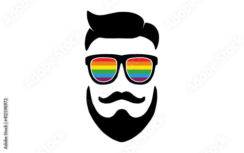 LGBTQ Man Sunglasses with rainbow lenses and mustaches and Fashion hair style. Gay Pride Concept Design for Avatar Background illustration.