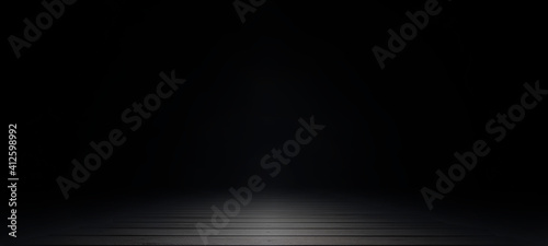 Empty dark abstract wooden plank floor and studio room with smoke float up interior texture for display products wall background.