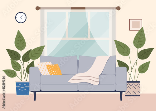 Living room furniture design, comfort home interior elements. Contemporary furniture for living room or apartment. Sofa with pillows and plaid, potted plant at the window. Modern sofa place to relax