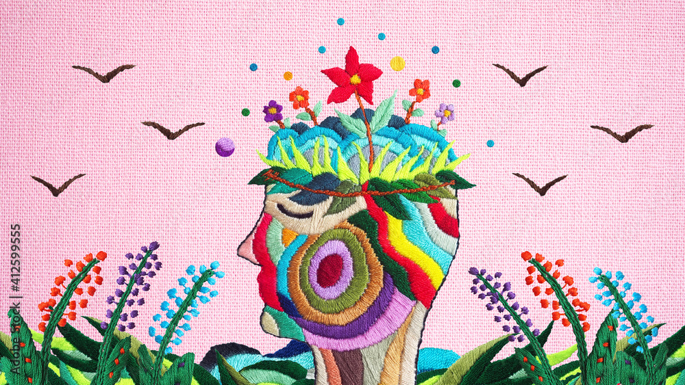 human flower head grow bloom blossom in nature abstract mind mental health spiritual brain imagine inspiring therapy meditation healing art illustration hand embroidery surreal fantasy digital collage - obrazy, fototapety, plakaty 