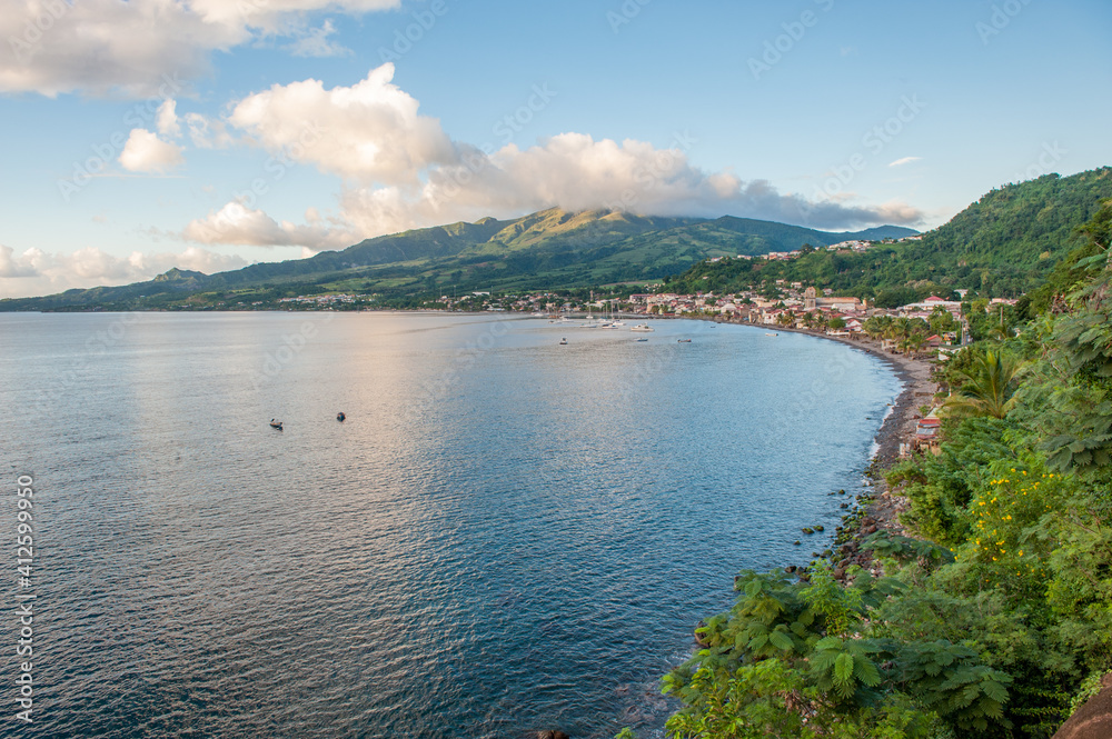 View towards Saint-Pierre and Mount Pelée in Martinique. Martinique is a French island located in the Lesser Antilles in the eastern Carribean Sea.