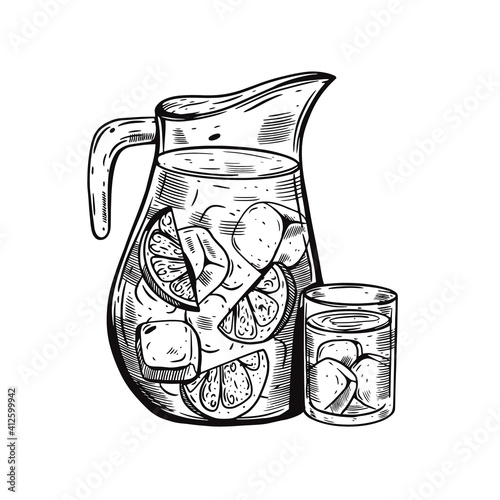 Hand drawn Sangria cocktail. Black color sketch vector illustration.