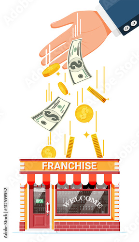 Franchise business for sale. Franchising shop building or commercial property. Real estate business promotional, sme startup crowdfunding. Selling buying new business. Flat vector illustration