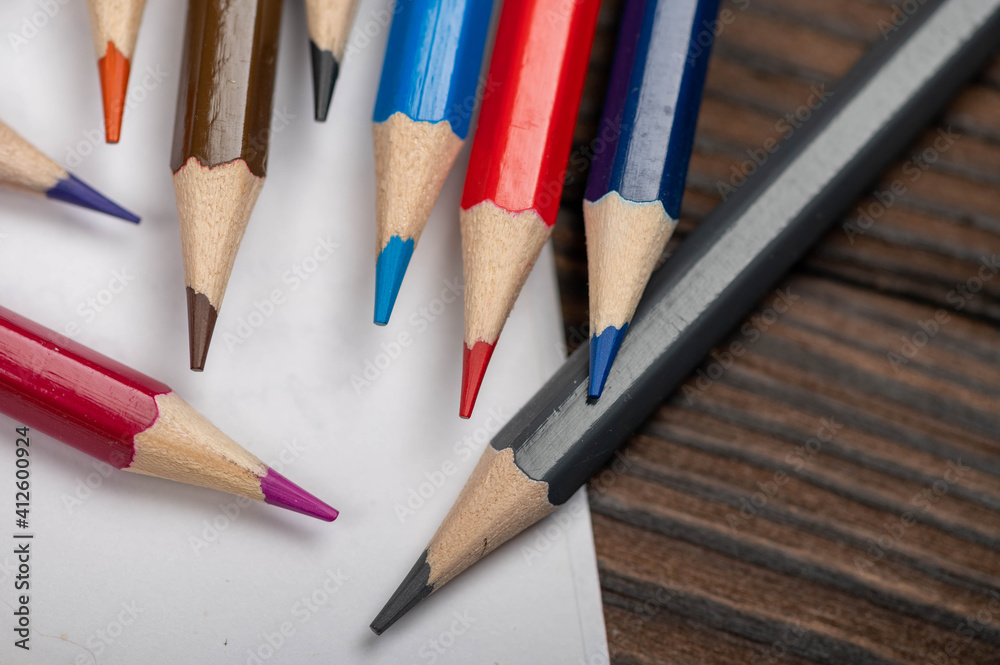 Fototapeta premium A few colored pencils. Close-up, selective focus.
