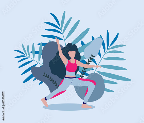 Young woman stretch legs and arms on flora background. Healthy lifestyle concept.