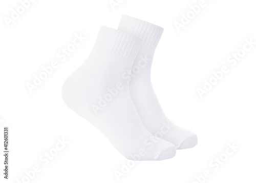White color socks mockup for design isolated on white background. Set of short socks for sports as mock up and label for advertising, logo, branding. Pair sport cotton socks.