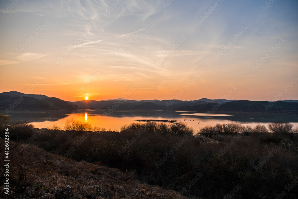 Impressively beautiful lake in Korea. Epic image. Scenery lake landscape with sunset.