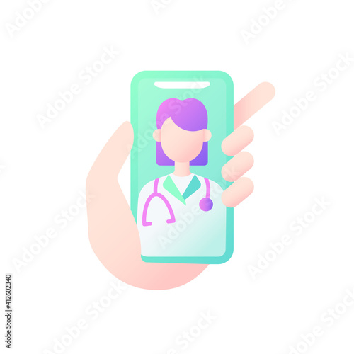 Video consultation vector flat color icon. Virtual visits with doctors. Video appointment. Trustworthy advice from expert. Cartoon style clip art for mobile app. Isolated RGB illustration