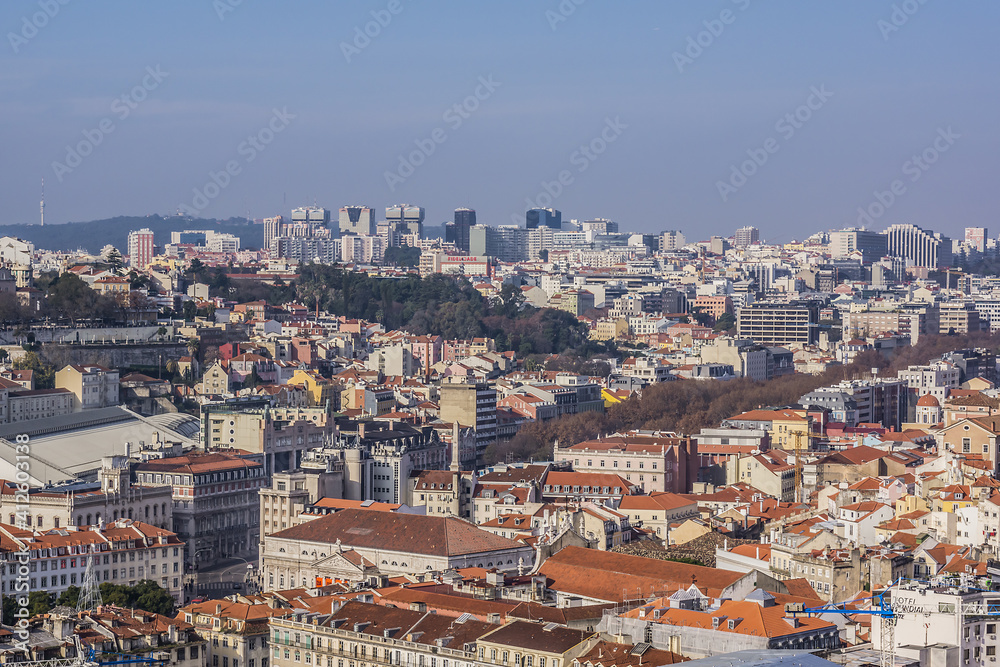 Colorful top view of Lisbon Skyline with red roofs. Lisbon, Portugal.