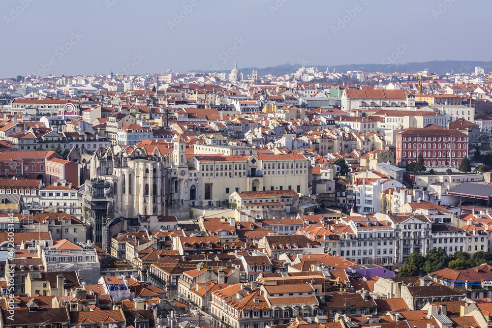 Colorful top view of Lisbon Skyline with red roofs. Lisbon, Portugal.