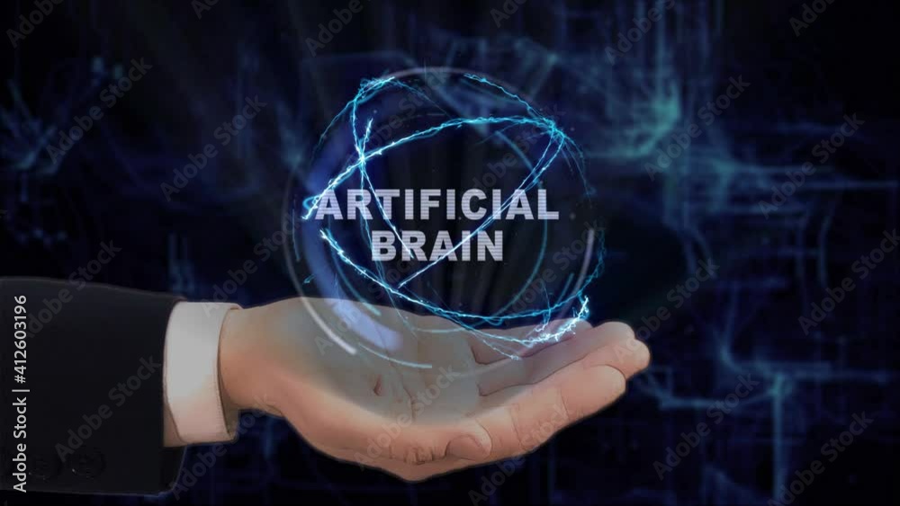 Painted hand shows concept text Artificial brain hologram on his hand. Drawn man in business suit with future technology screen and modern cosmic background Painted hand shows concept text Artificial brain hologram on his hand. Drawn man in business suit with future technology screen and modern cosmic background
