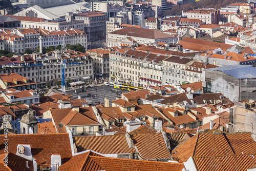 Colorful top view of Lisbon Skyline with red roofs. Lisbon, Portugal.