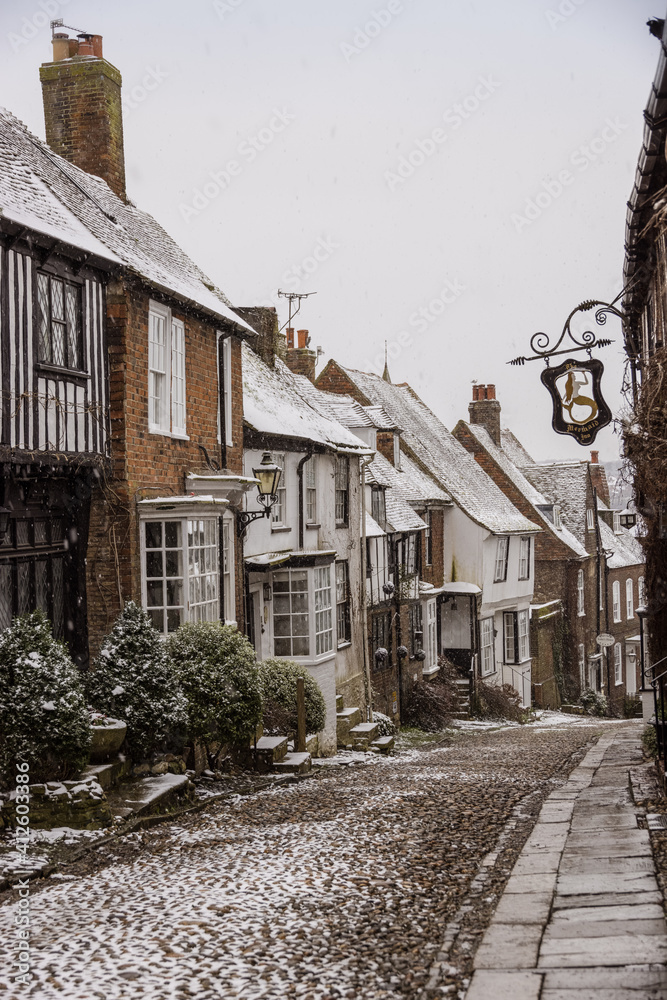 Cobbled street in the snow, Rye, East Sussex, England