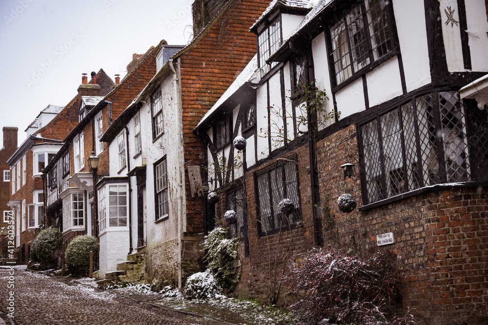 Snowy cobbled street in Rye, East Sussex, England