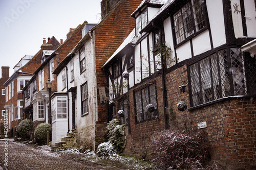 Snowy cobbled street in Rye, East Sussex, England