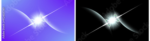 Abstract space futuristic background. Bright flash, glowing diverging oval waves and rays between two planets. EPS10
