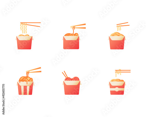 Noodles for takeout vector flat color icon set. Chinese cafe take away. Oriental meal. Fast food delivery. Cartoon style clip art for mobile app pack. Isolated RGB illustration bundle