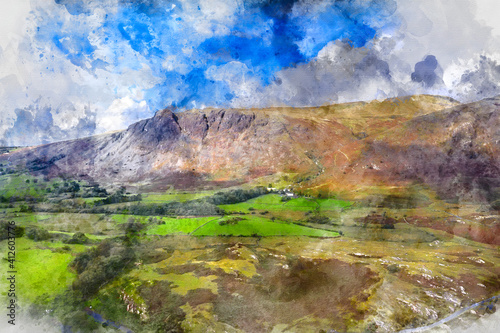 Digital watercolor painting of Beautiful drone view over Lake District landscape in late Summer, in Wast Water valley with mountain views and dramatic sky