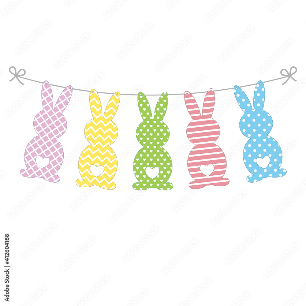 Garland of colored Easter bunnies with different ornaments, color vector isolated illustration