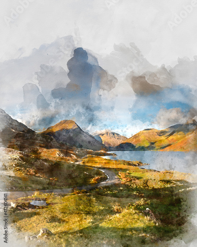 Digital watercolor painting of Beautiful late Summer landscape image of Wasdale Valley in Lake District, looking towards Scafell Pike, Great Gable and Kirk Fell mountain range