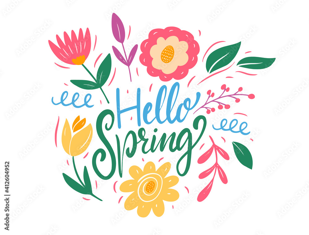 Hello Spring lettering and colorful flowers. Flat style vector illustration.