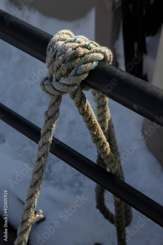 Ropes at Historic wooden ships. Harbour of Zwartsluis Netherlands. Bruine vloot. Howser. Brown fleet.  photo