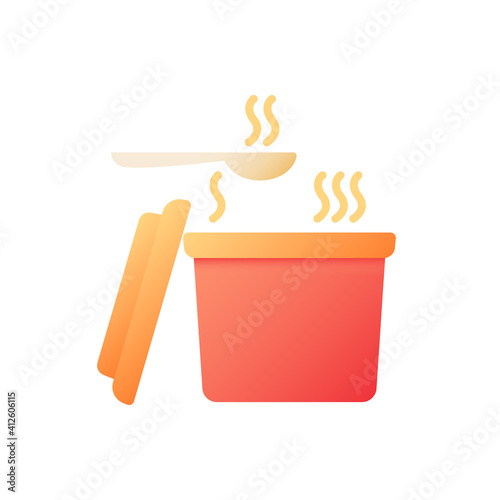 Hot curry take out vector flat color icon. Steaming soup in box. Take away order. Catering meal. Fast food delivery. Cartoon style clip art for mobile app. Isolated RGB illustration