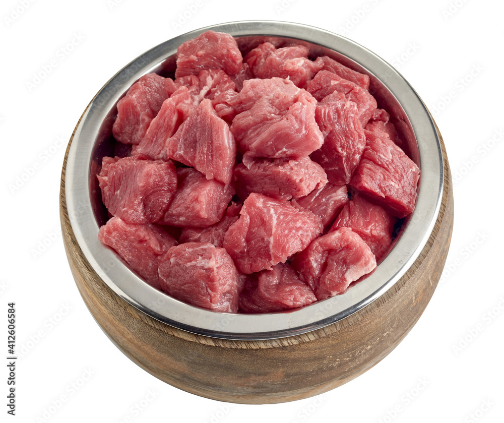 Raw fresh diced beef pet food for dogs and cats Raw fresh diced beef pet food for dogs and cats