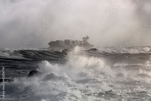 Container ship on a stormy day