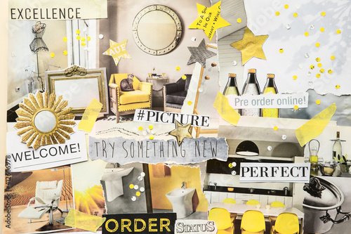 Handmade contemporary creative atmosphere art mood board collage sheet in color Ultimate Gray and Illuminating yellow made of teared magazine and printed matter paper with colors and texture. photo