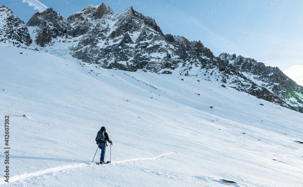 Snowboard freeride ascent at the Chardonnet Peak, Chamonix, France