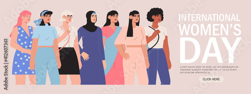 International womens day concept with diverse multiethnic multicultural female characters stand together on a pink background. Women empowerment movement and sisterhood banner, social media header.