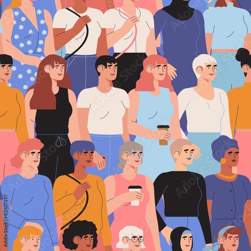 International womens day concept with diverse multiethnic multicultural female characters stand together. Women empowerment movement and sisterhood seamless pattern, texture, print or background.