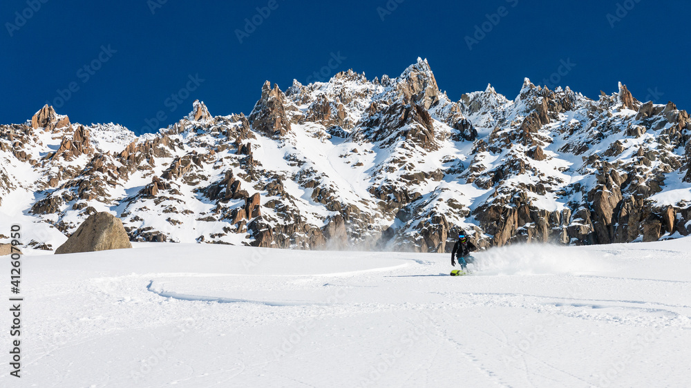 Snowboard in fresh snow, Aiguille du Chardonnet, Chamonix, France
