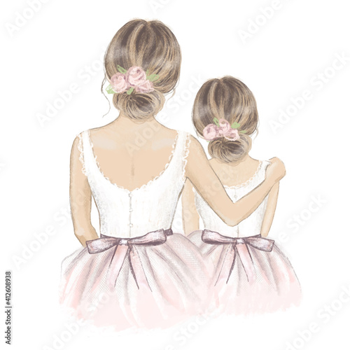 Bride and Flower Girl. Hand drawn illustration