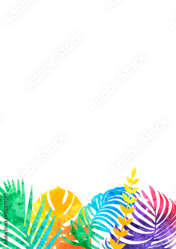 watercolor rainbow abstract vector background with tropical leaves