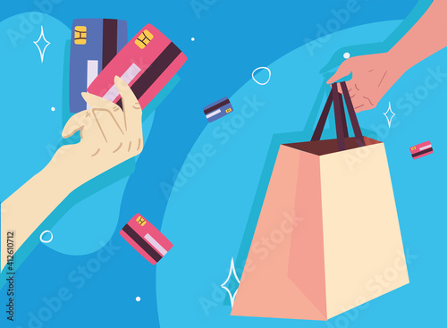 hands holding shopping bag and credit cards vector design