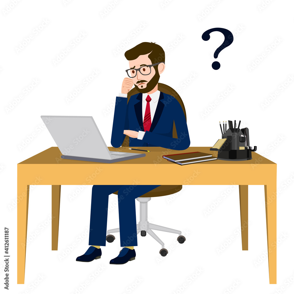 The man thinks. The man was lost in thought in the office. Question mark. A person sits at a desk in an office with a laptop and thinks. Vector image of a person for animation. Еditable strokes. A man The man thinks. The man was lost in thought in the office. Question mark. A person sits at a desk in an office with a laptop and thinks. Vector image of a person for animation. Еditable strokes. A man