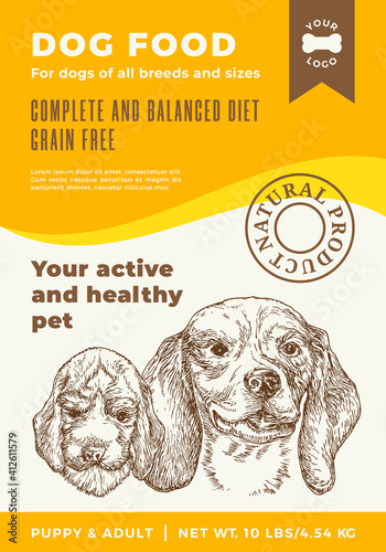 Dog Food Label Template. Abstract Vector Packaging Design Layout. Modern Typography Banner with Hand Drawn Beagle Puppy and Adult Sketch Faces Background. Isolated